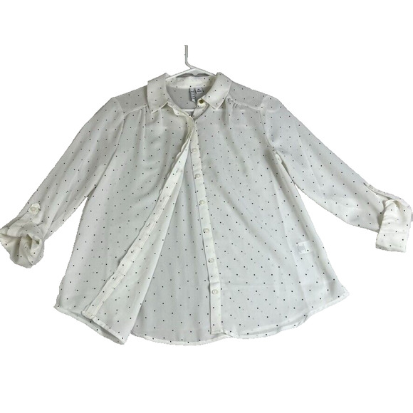 Elle Blouse Womens XS Button Up White Sheer Polka Dot Long Sleeve Office Career - Picture 1 of 12